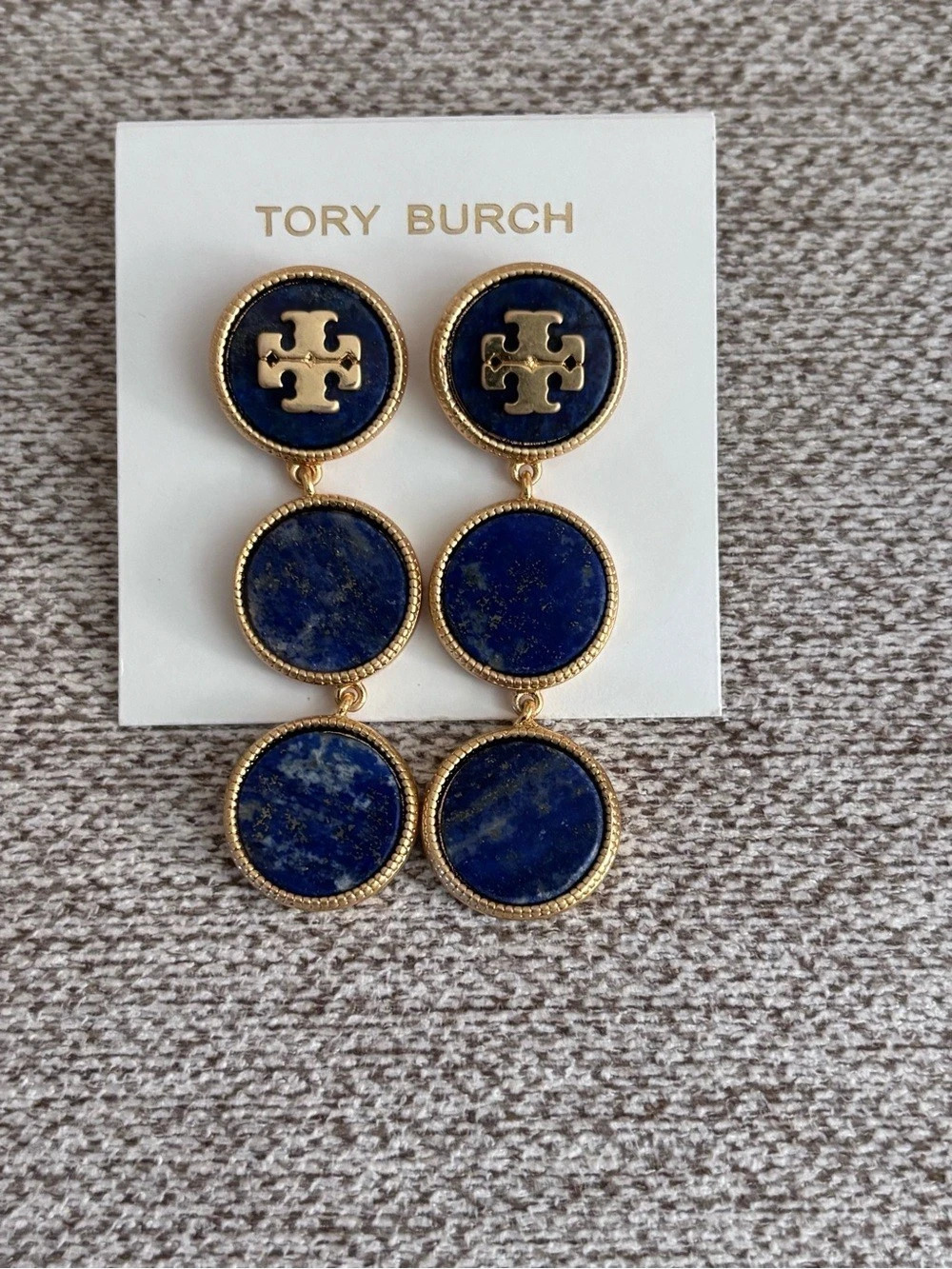 Tory Burch Blue & Gold Triple Button Statement Drop Earrings NWOT